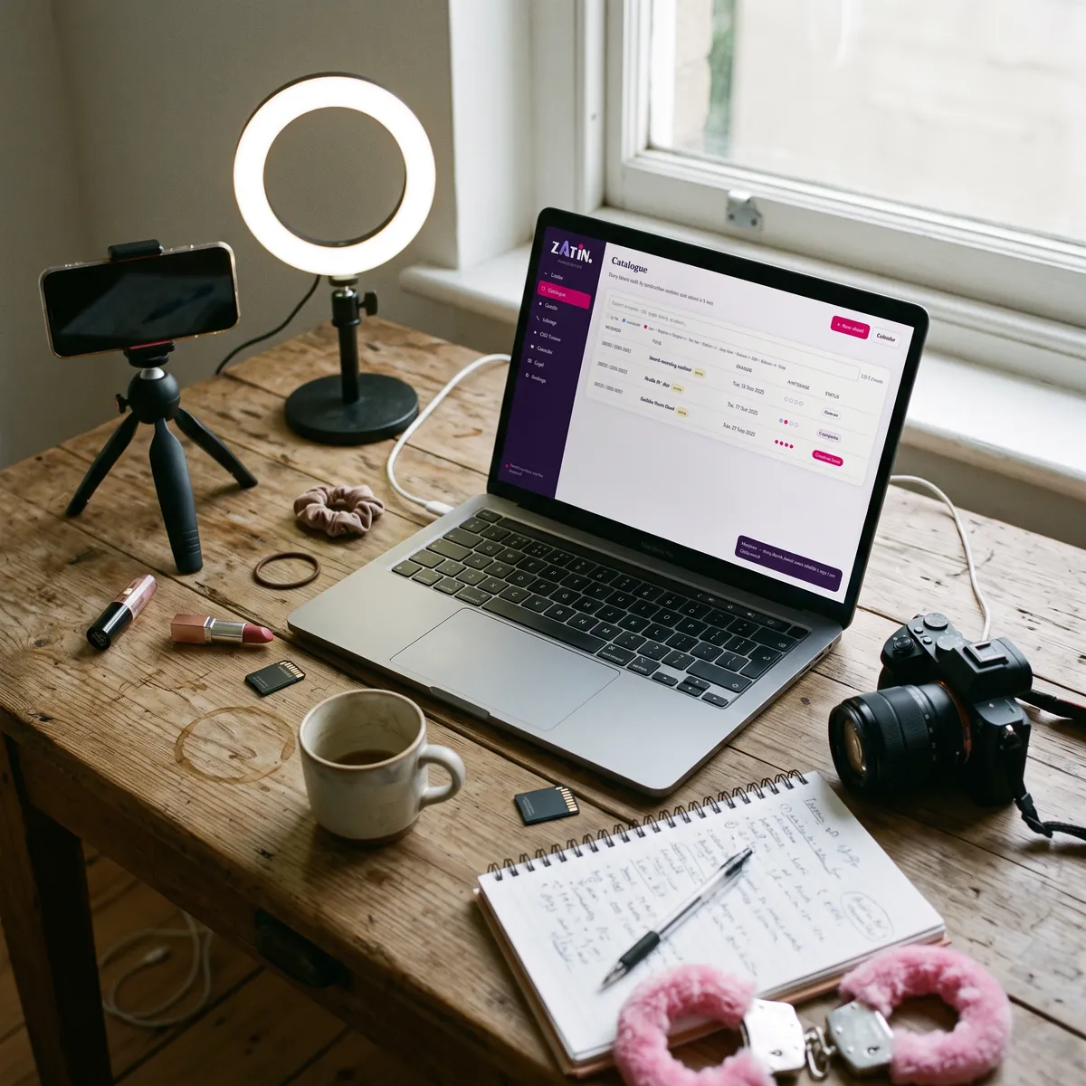 A wooden desk with a laptop showing the Zatin catalogue, a ring light, a phone on a tripod, a camera, lipstick, a notebook and a pair of pink plush handcuffs.