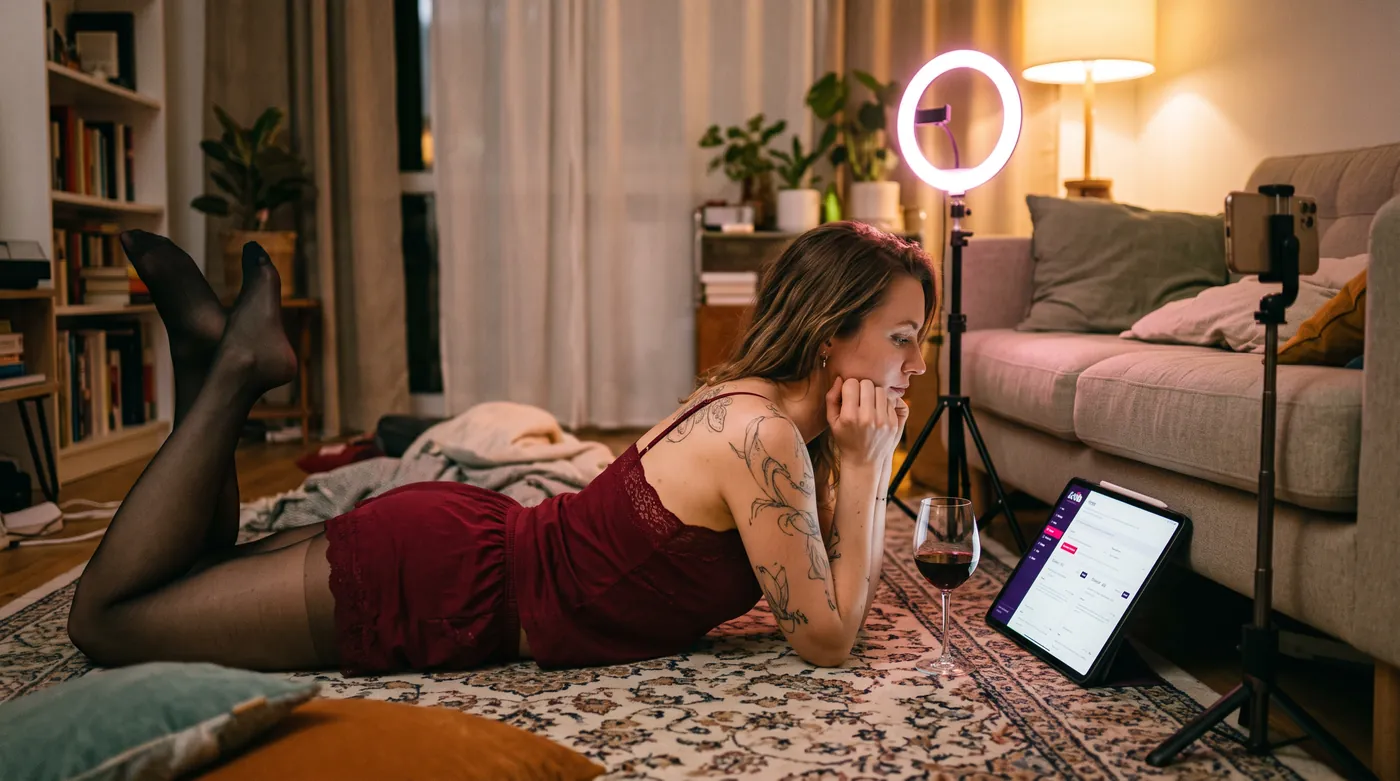 A creator in a red slip lies on a rug in a warm living room, checking a tablet, a ring light and a phone tripod set up beside her.