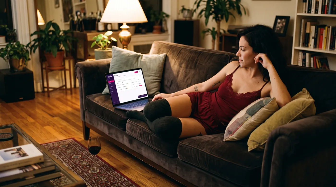 A creator in a red slip rests on a velvet sofa in a warm living room, reviewing the Zatin catalogue on a laptop.
