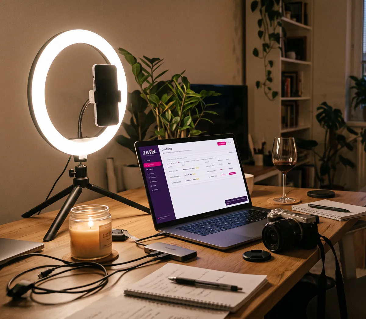 An evening desk setup: ring light with a phone, laptop showing the Zatin catalogue, candle, camera and a glass of wine.