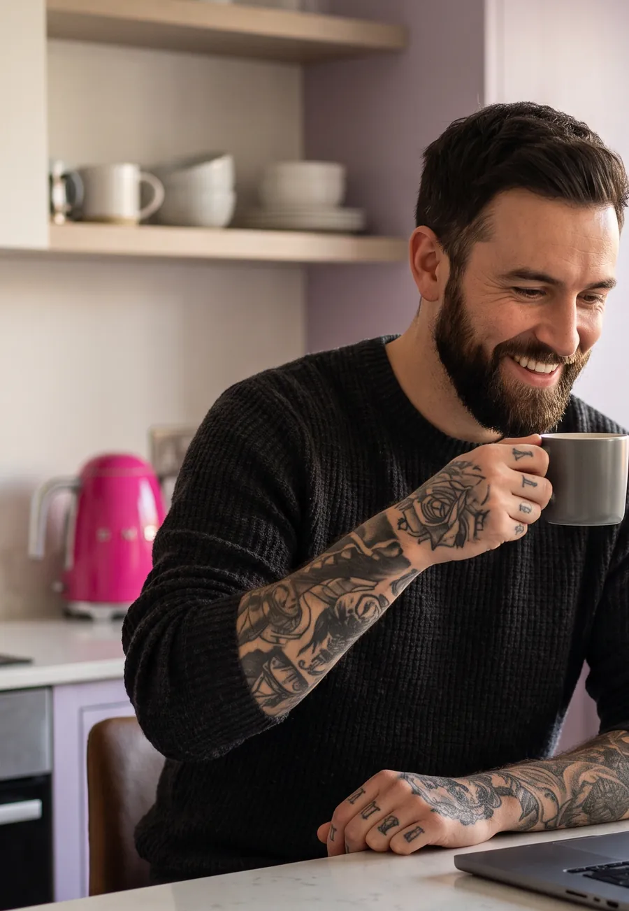 A smiling creator with a coffee mug at a kitchen counter, laptop open in front of him.