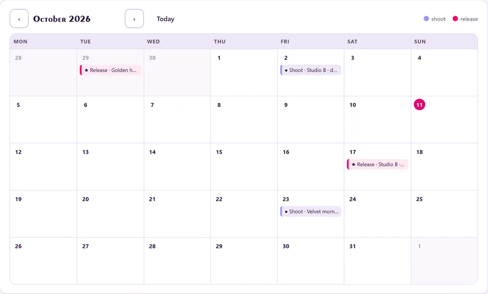 Month calendar showing shoot days and planned releases.