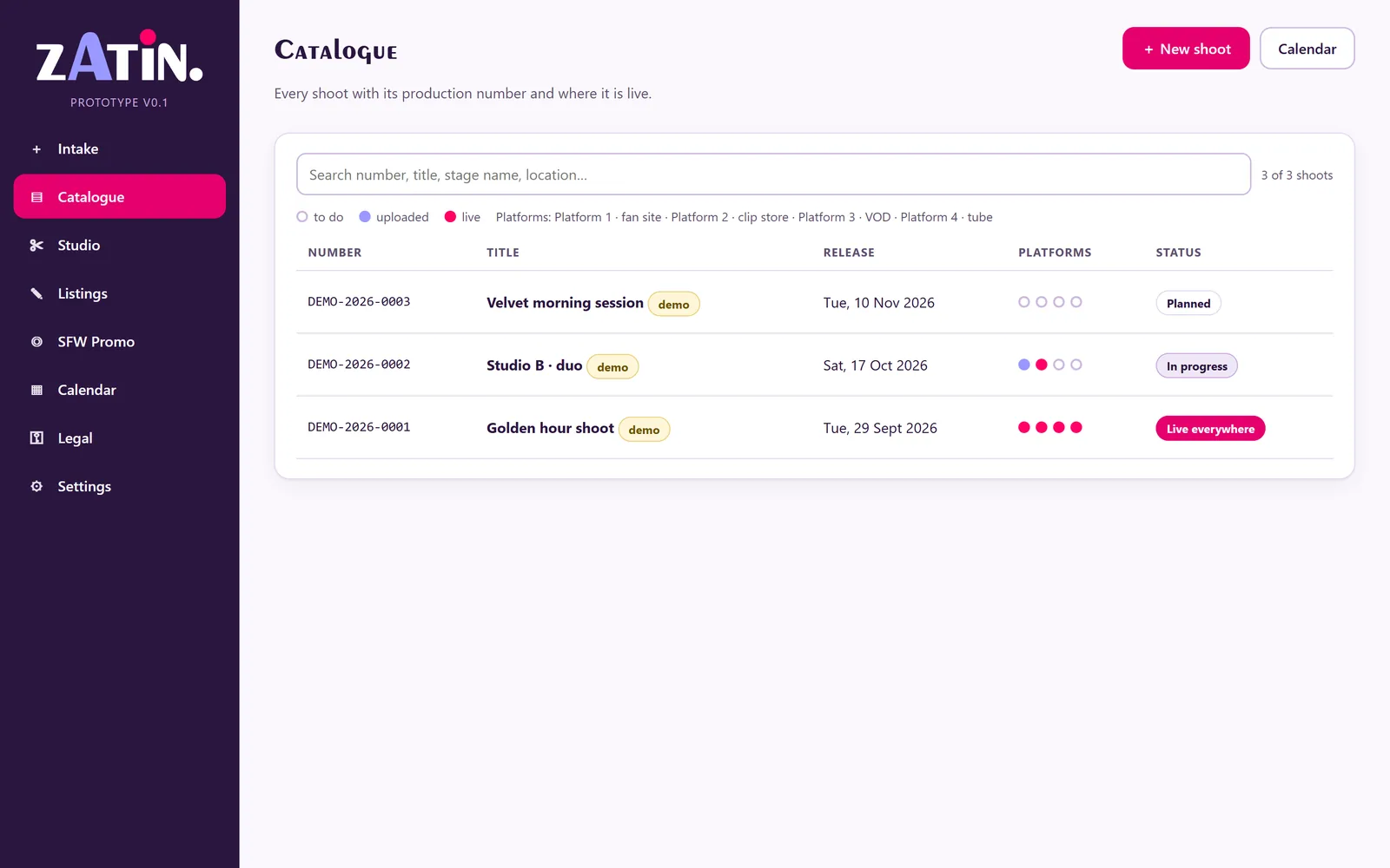 The full Zatin catalogue screen with sidebar navigation: Intake, Catalogue, Studio, Listings, Promo, Calendar, Documents, Settings.