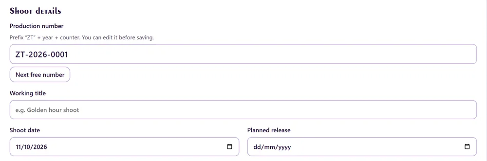 Intake form with the next free production number filled in.