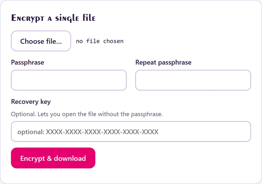 Encrypt a single file with a passphrase and an optional recovery key.