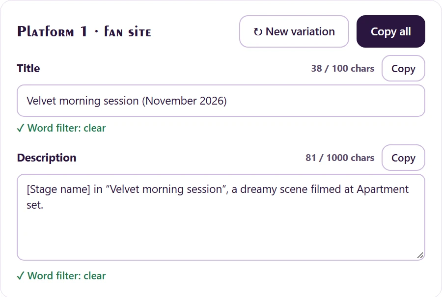 Listing texts for one platform: title and description, each marked 'Word filter: clear'.