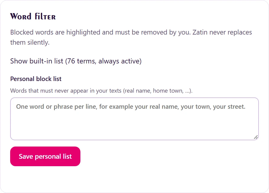 Word filter settings with the default list and a personal block list.